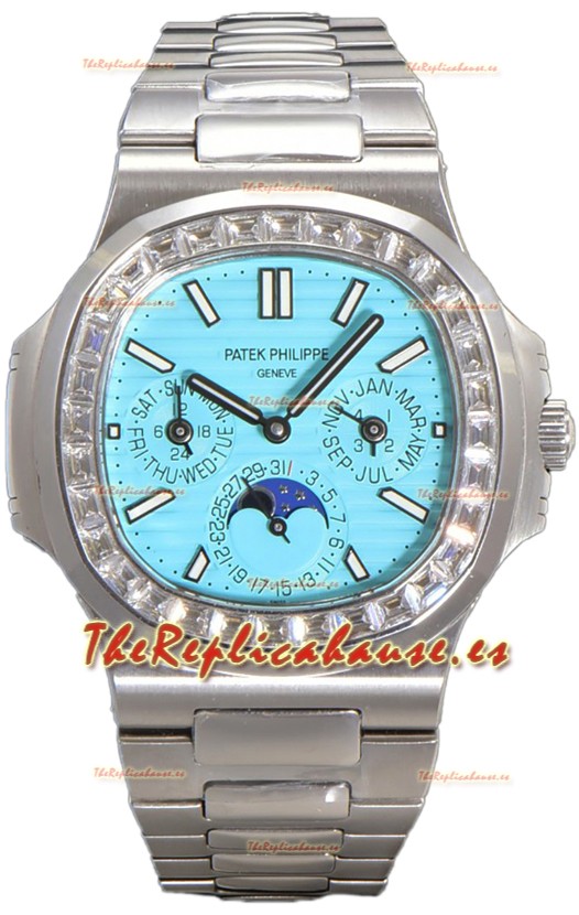 Patek Philippe Nautilus 5740 Perpetual Calendar Oro Blanco Dial Tiffany Bisel Diamantes Reloj Réplica Suiza 