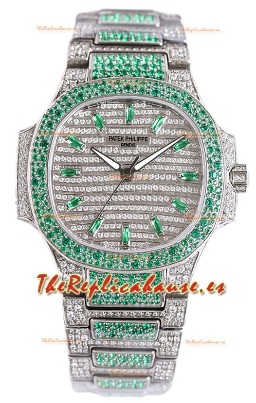 Patek Philippe Nautilus 7118R 35MM 1:1 Reloj con Diamantes Verdes Pavimentados en Caja Acero