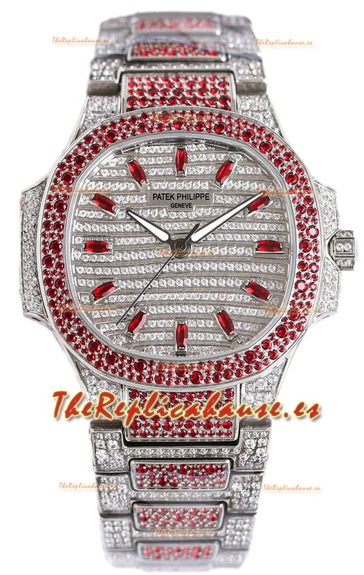 Patek Philippe Nautilus 7118R 35MM 1:1 Reloj con Diamantes Rojos Pavimentados en Caja Acero