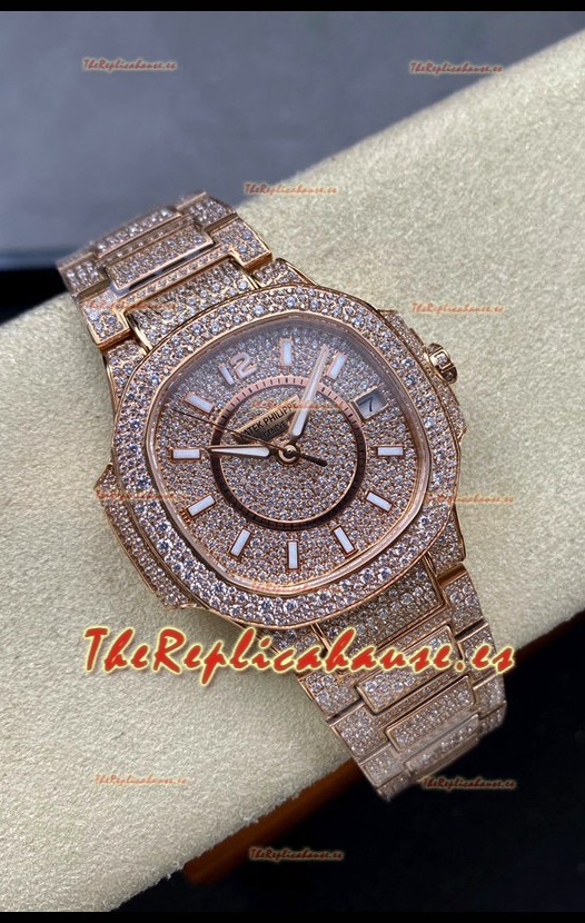 Patek Philippe Nautilus 7010 Pavimentado en Diamantes Oro Rosado 32MM Réplica Espejo 1:1 - Diamantes Genuinos