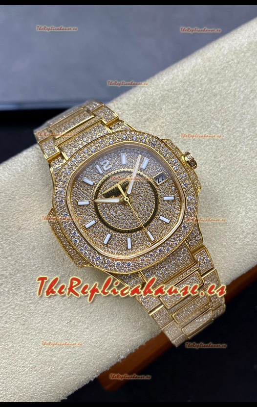 Patek Philippe Nautilus 7010 Pavimentado en Diamantes Oro Amarillo 32MM Réplica Espejo 1:1 - Diamantes Genuinos