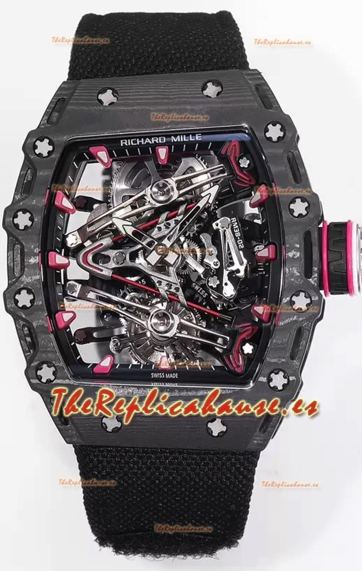 Richard Mille RM38-02 Reloj Carbono Caja Bubba Watson Correa Nylon Negra Movimiento Tourbillon Réplica Espejo 1:1