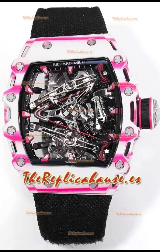 Richard Mille RM38-02 Carbono Blanco/Rosado Bubba Watson Nylon Negro Tourbillon Movement Réplica Espejo 1:1