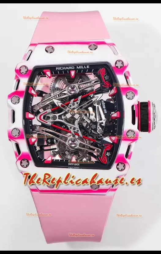 Richard Mille RM38-02 Carbono Blanco/Rosado Bubba Watson Goma Rosada Tourbillon Movement Réplica Espejo 1:1