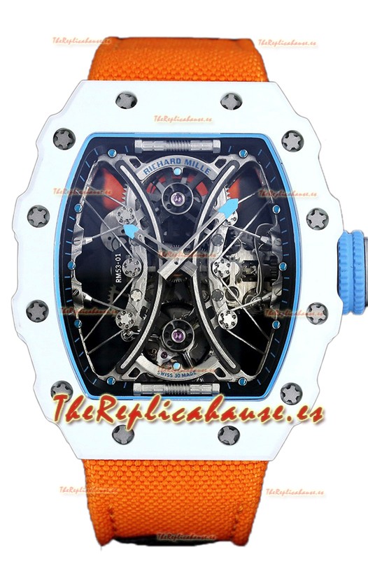 Richard Mille RM53-01 Pablo Mac Donough Caja TPT Blanca Correa Nylon Naranja Reloj Réplica Suiza