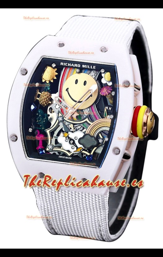 Richard Mille RM088 Reloj Réplica Tourbillon Smiley Caja Cerámica Blanca Correa Nylon