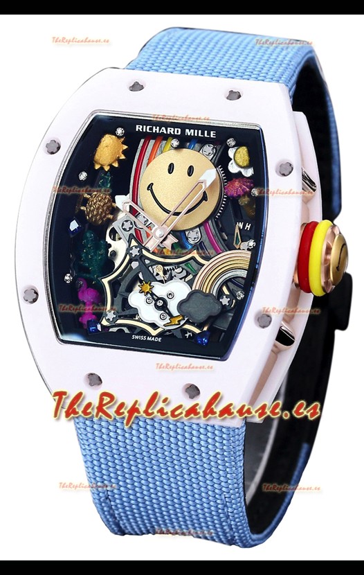 Richard Mille RM088 Reloj Réplica Tourbillon Smiley Caja Cerámica Azul Correa Nylon
