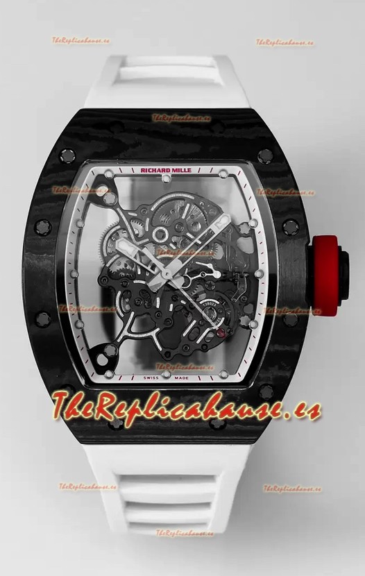 Richard Mille RM055 Caja Carbono Negra Goma Blanca Reloj Superclone 1:1 Genuino Tourbillon
