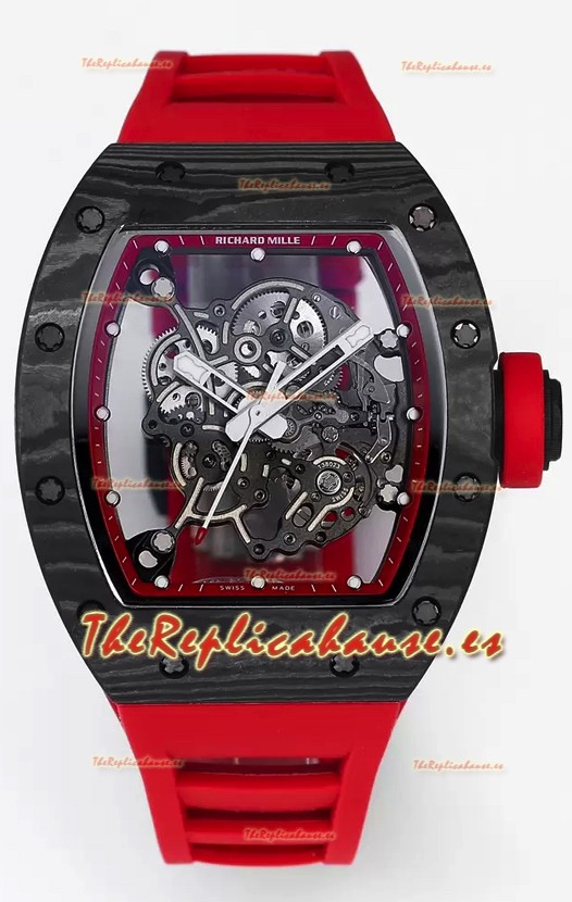 Richard Mille RM055 Caja Carbono Negra Goma Roja Reloj Superclone 1:1 Genuino Tourbillon
