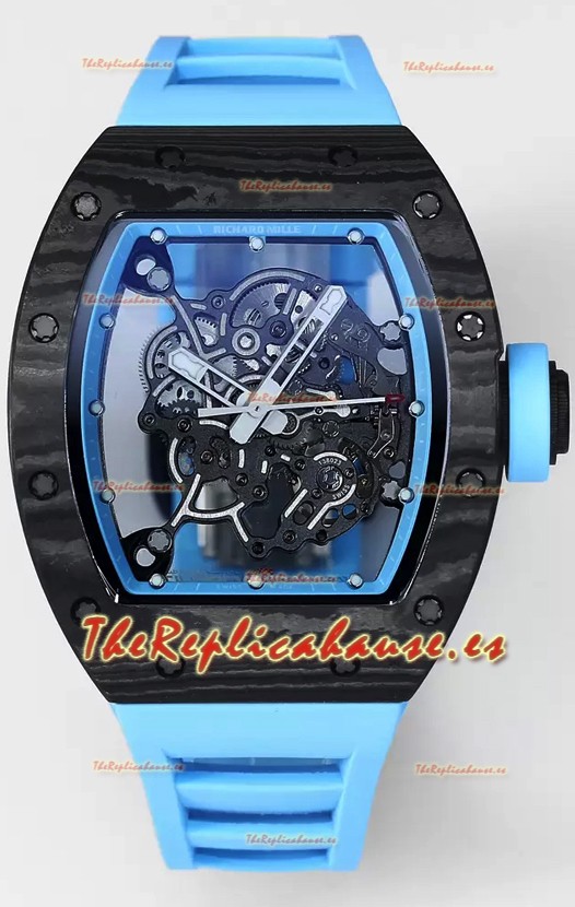 Richard Mille RM055 Caja Carbono Negro Goma Azul Reloj Superclone 1:1 Genuino Tourbillon