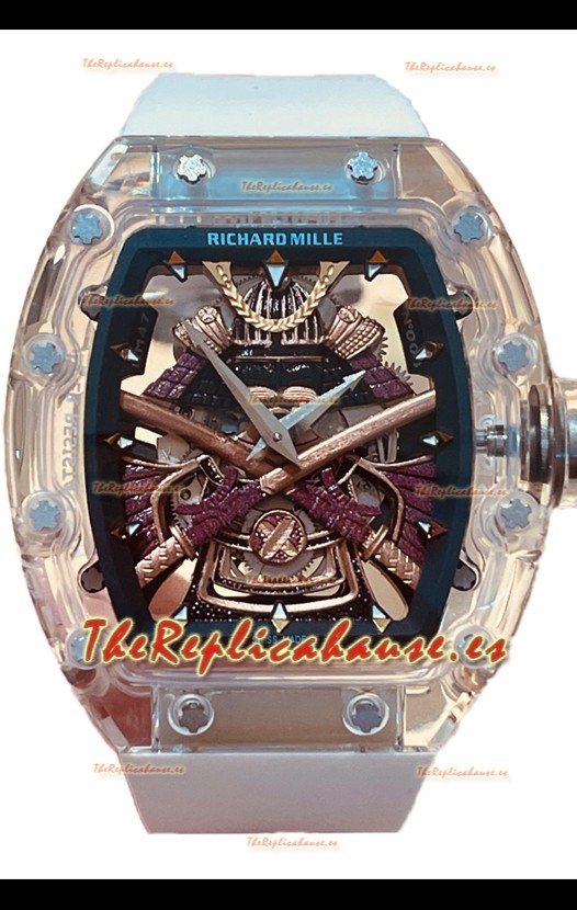 Richard Mille RM047 Samurai Reloj Genuino Tourbillon Correa Blanca Caja en Zafiro