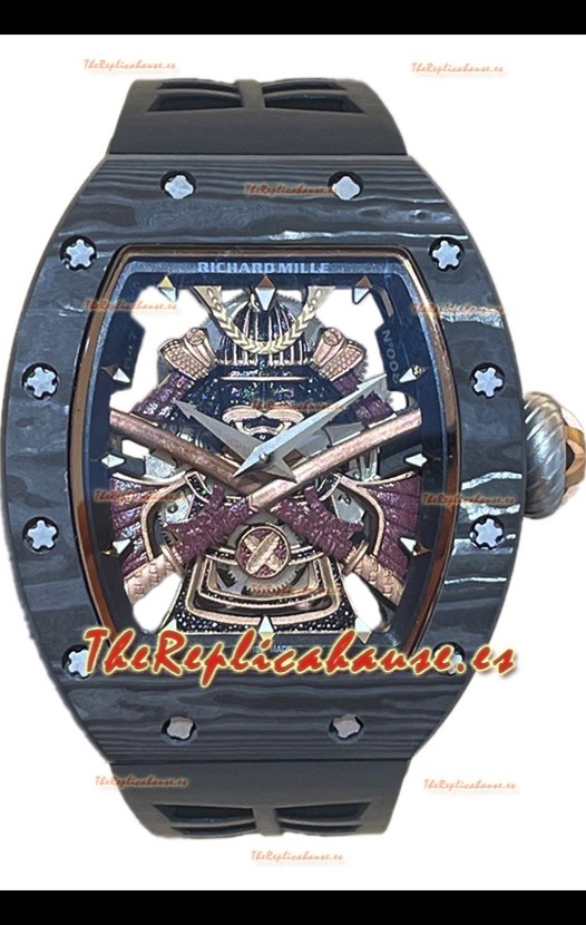 Richard Mille RM047 Samurai Reloj Genuino Tourbillon Caja Carbobono Correa Negra