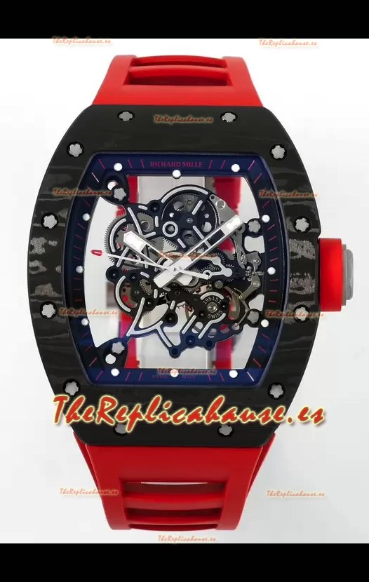 Richard Mille RM055 Caja Carbono Negra Correa Goma Roja Reloj Superclone 1:1 Genuino Tourbillon