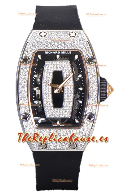 Richard Mille RM007 Superclone Reloj Réplica Suiza Dial Negro Diamantes Pavimentados Acero 904L