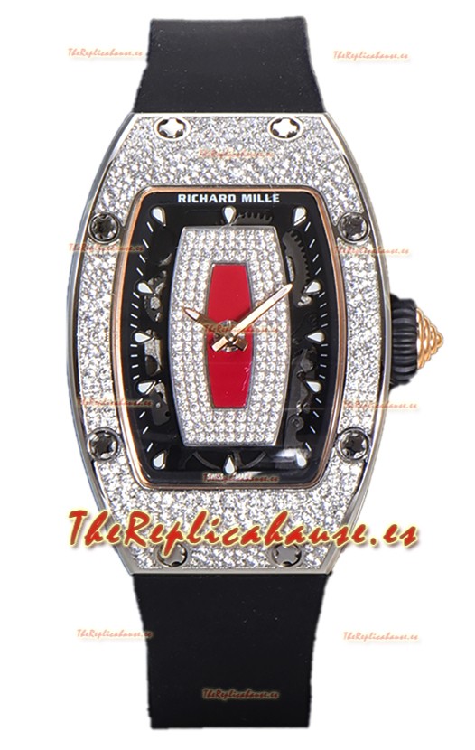 Richard Mille RM007 Superclone Reloj Réplica Suiza Automático Acero 904L Dial Rojo Pavimentado Diamantes