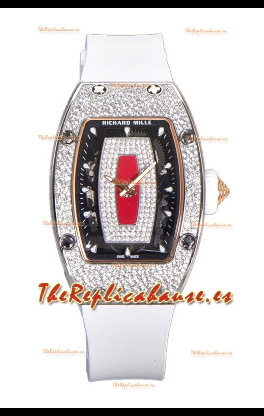 Richard Mille RM007 Reloj Suizo Superclone Acero 904L Dial Rojo Diamantes Pavimentados Correa Blanca