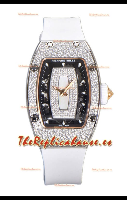 Richard Mille RM007 Reloj Suizo Superclone Acero 904L Correa y Dial Blancos Diamantes Pavimentados