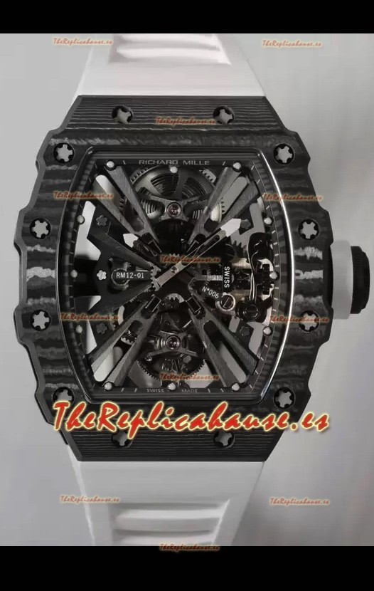 Richard Mille RM12-01 Caja Fibra de Carbono Genuino Movimiento Tourbillon Reloj Réplica Espejo 1:1