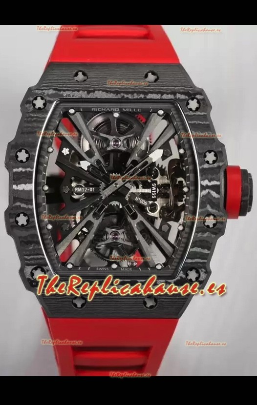 Richard Mille RM12-01 Caja Fibra de Carbono Genuino Movimiento Tourbillon Reloj Réplica Espejo 1:1