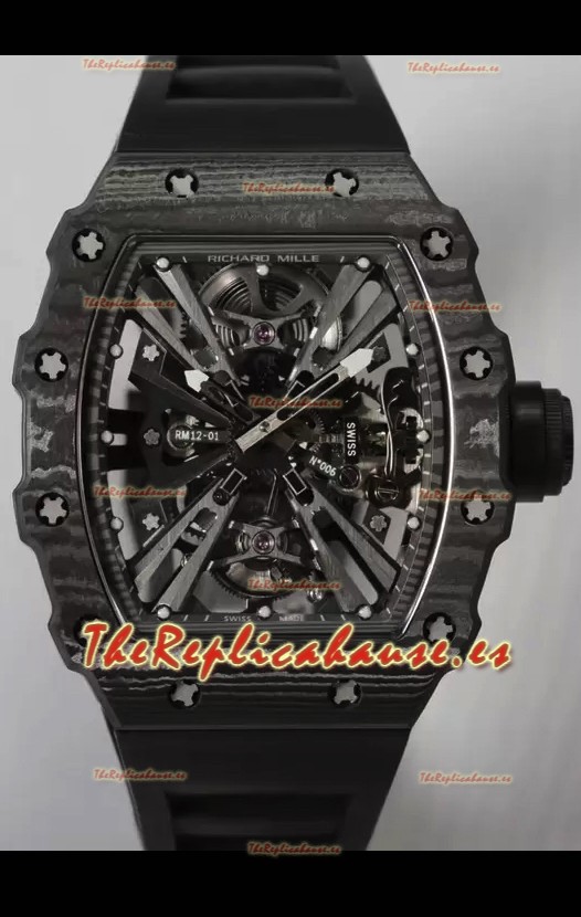 Richard Mille RM12-01 Caja Fibra de Carbono Genuino Movimiento Tourbillon Reloj Réplica Espejo 1:1