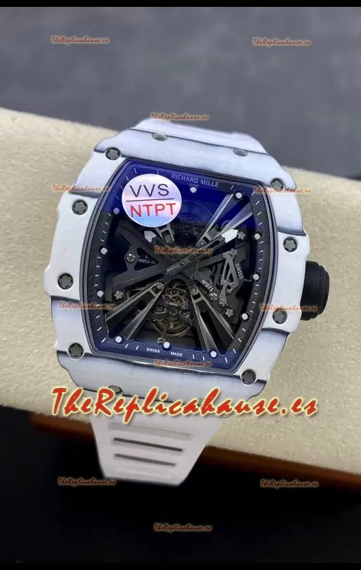 Richard Mille RM12-01 Caja Fibra de Carbono Blanca Genuino Movimiento Tourbillon Reloj Réplica Espejo 1:1