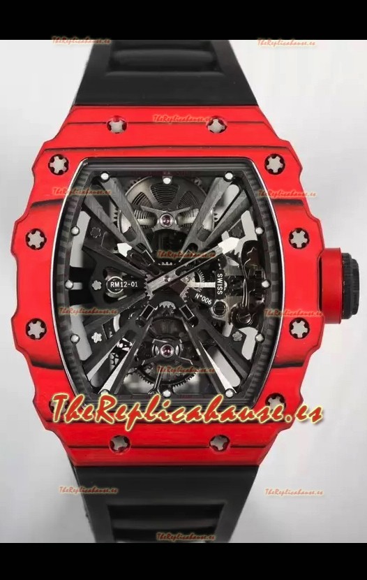 Richard Mille RM12-01 Caja Fibra de Carbono Genuino Movimiento Tourbillon Reloj Réplica Espejo 1:1