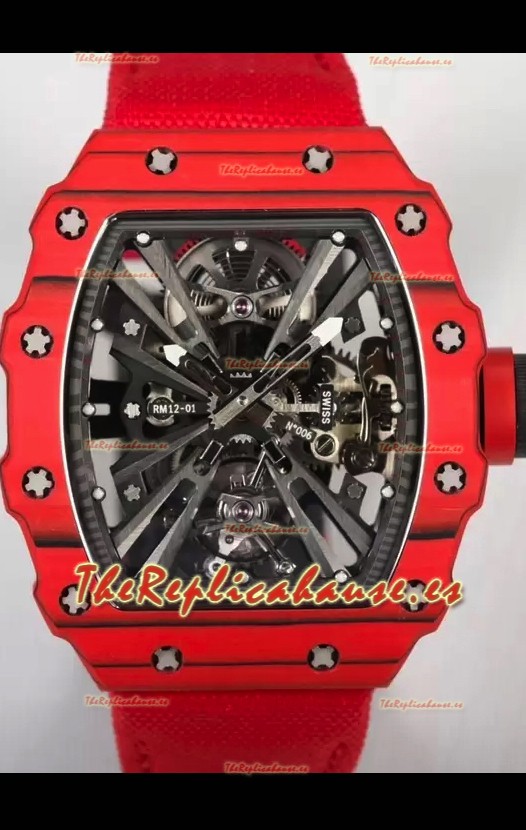 Richard Mille RM12-01 Caja Fibra de Carbono Genuino Movimiento Tourbillon Reloj Réplica Espejo 1:1
