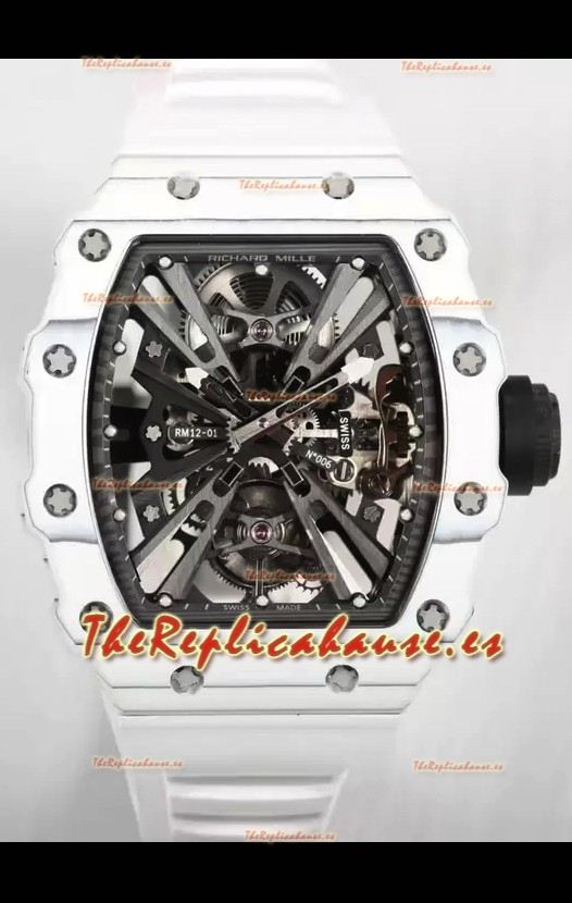 Richard Mille RM12-01 Caja Fibra de Carbono Blanca Genuino Movimiento Tourbillon Reloj Réplica Espejo 1:1
