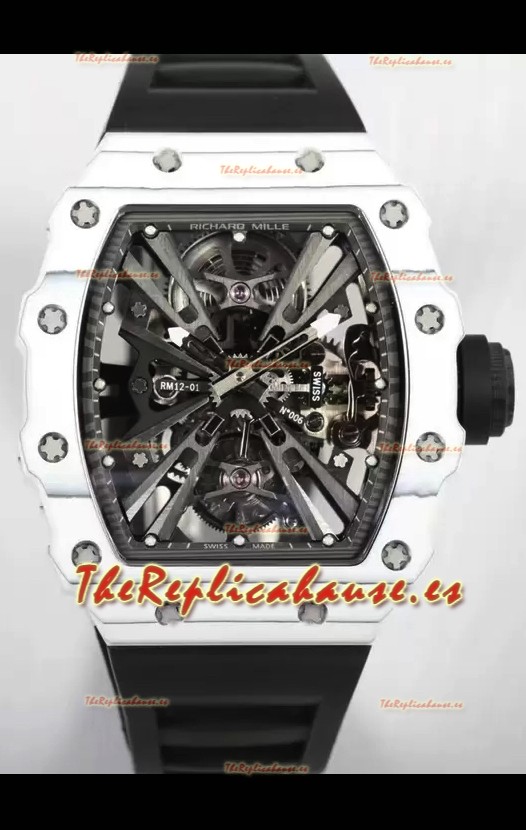 Richard Mille RM12-01 Caja Fibra de Carbono Blanca Genuino Movimiento Tourbillon Reloj Réplica Espejo 1:1