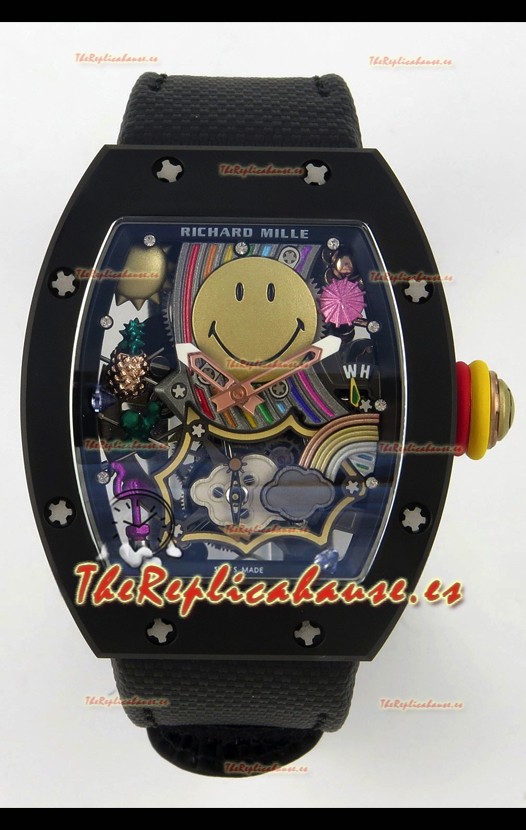 Richard Mille Super Clone RM088 Smiley Tourbillon Cerámica Negra Reloj Correa Velcro