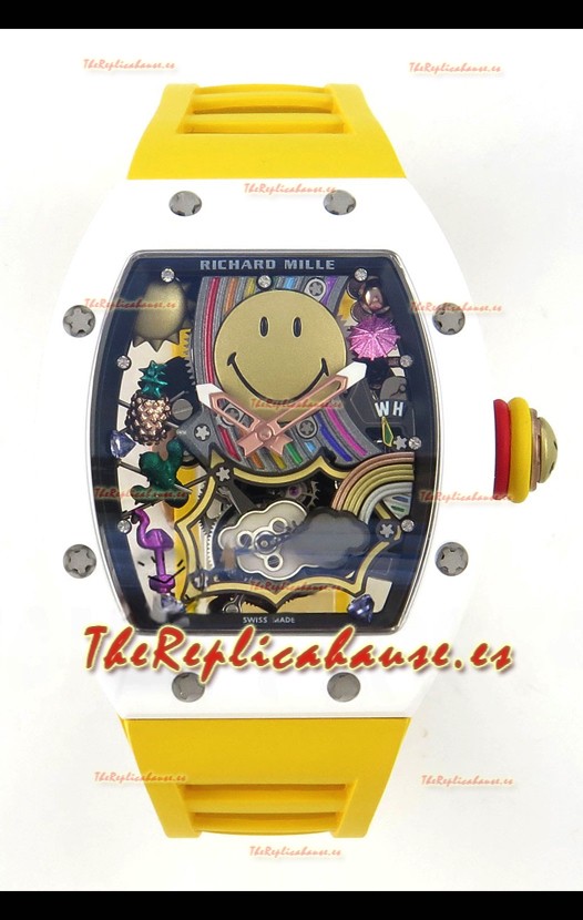 Richard Mille Super Clone RM088 Smiley Tourbillon Cerámica Blanca Reloj Correa de Goma
