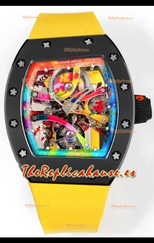 Richard Mille Super Clone RM68-01 Negro Caja Cerámica Correa Amarilla Tourbillon Réplica Suiza