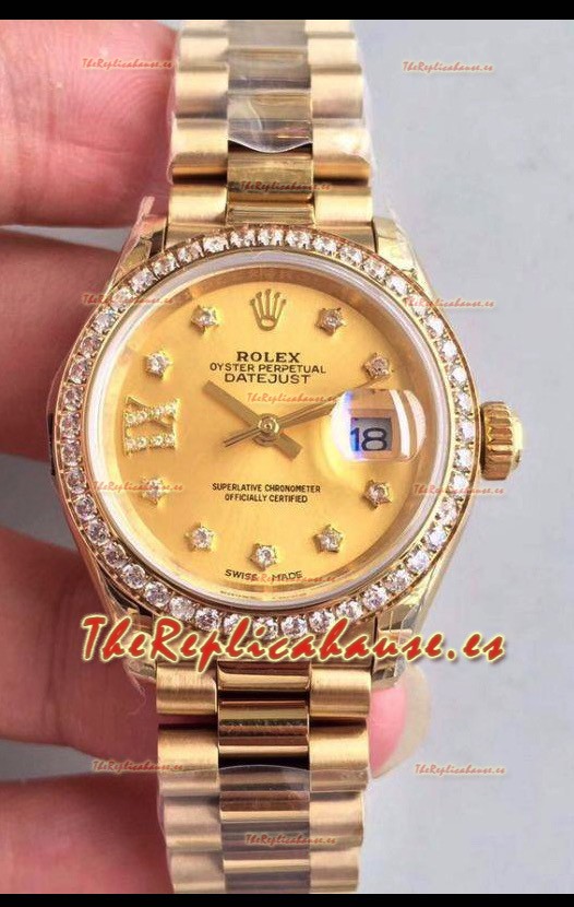 Rolex Datejust Ladies 28MM Movimiento Cal.3135 Réplica Suiza en Dial Gris - Caja en Acero 904L Oro Amarillo