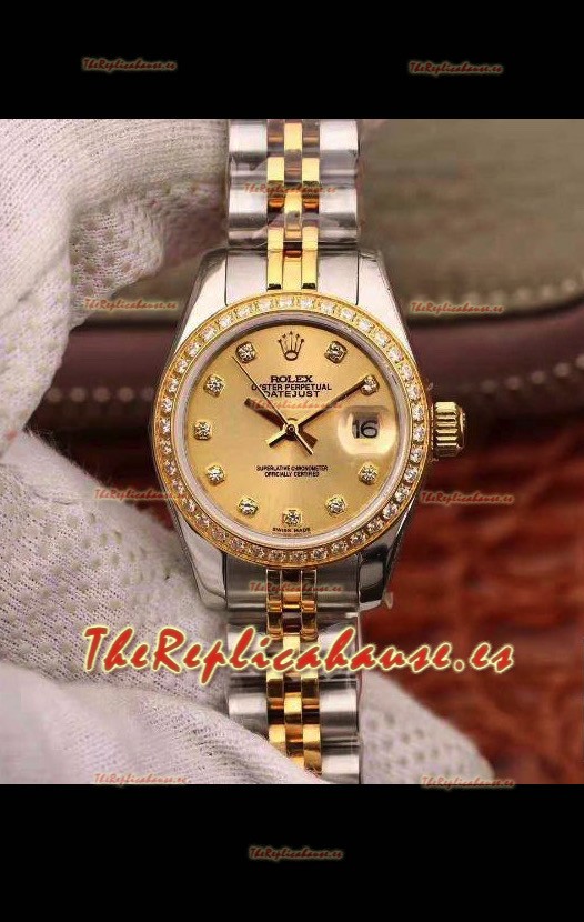 Rolex Datejust Ladies 28MM Movimiento Cal.3135 Réplica Suiza en Acero 904L Caja en Oro Amarillo de Dos Tonos