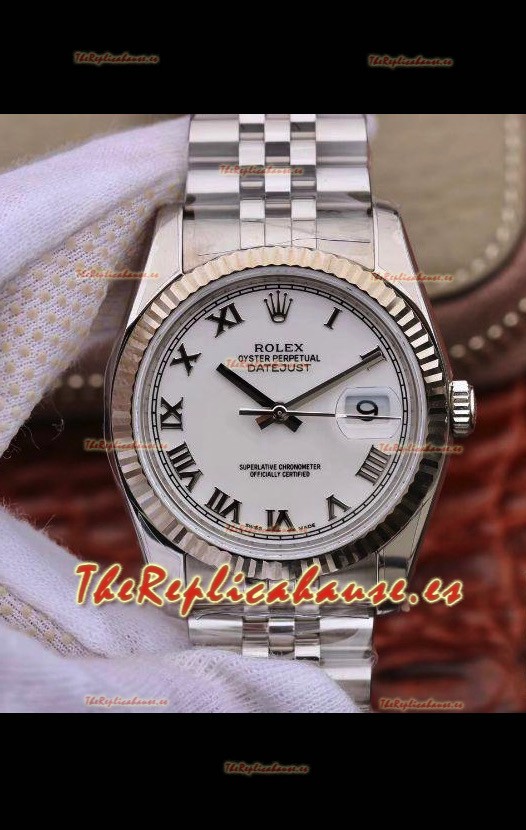 Rolex Datejust 36MM Movimiento Cal.3135 Reloj Réplica Suizo en Caja de Acero 904L Dial Blanco en Romanos