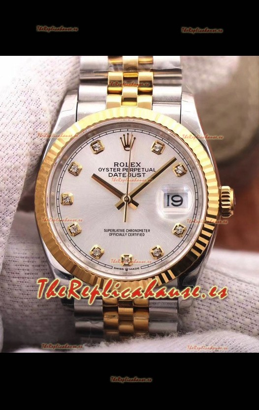 Rolex Datejust 36MM Movimiento Cal.3135 Reloj Réplica Suizo en Acero 904L Caja en Dos Tonos Dial Plateado