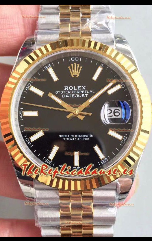 Rolex Datejust 41MM Movimiento Cal.3135 Reloj Réplica Suizo en Acero 904L Dial Negro en Acero de Dos Tonos