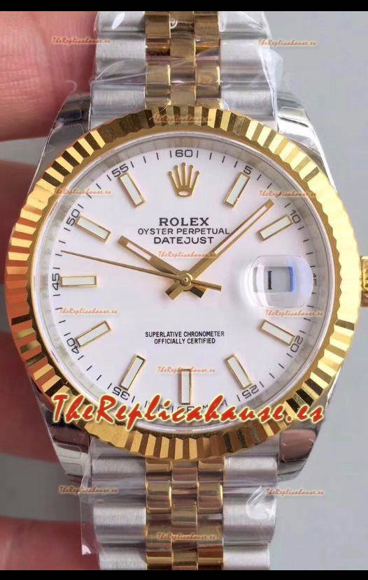 Rolex Datejust 41MM Movimiento Cal.3135 Reloj Réplica Suizo en Acero 904L en Dos Tonos Two Dial Blanco