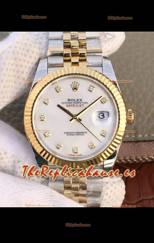 Rolex Datejust 41MM Movimiento Cal.3135 Reloj Réplica Suizo en Acero 904L Dos Tonos Dial Perla