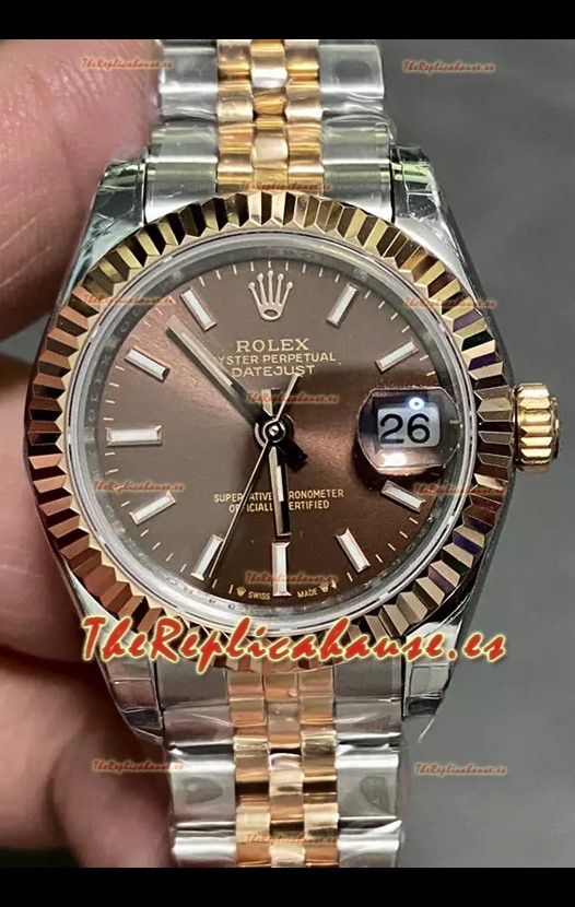 Reloj Rolex Datejust Super Clone Dial Marrón Dos Tonos Oro Rosado 28MM