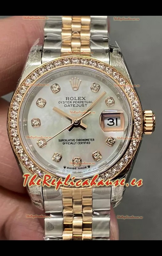 Reloj Rolex Datejust Super Clone Dial Madre Perla Dos Tonos Oro Rosado 28MM