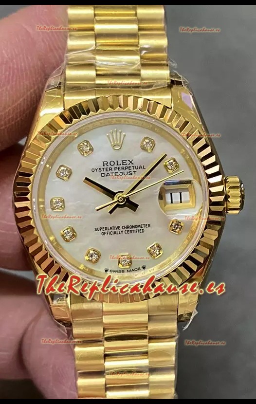 Reloj Rolex Datejust Super Clone Dial Perla Caja Oro Amarillo 28MM