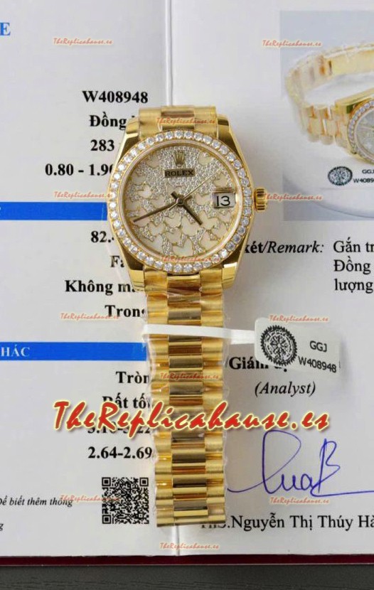 Reloj Rolex Datejust Super Clone Moissanitas Dial Mariposa 31MM Oro Amarillo