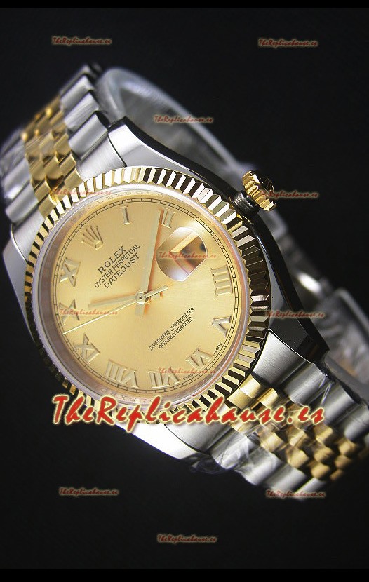 Rolex Datejust Reloj Réplica Japonés - Dial en Oro chapado en dos Tonos en Caja 36MM