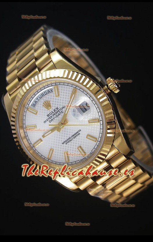 Rolex Day Date Reloj Réplica Japonés - Caja en Oro Amarillo Dial en Acero Estampado 40MM
