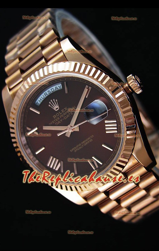 Rolex Day Date Reloj Réplica Japonés - Caja en Oro rosado Dial Marrón 40MM