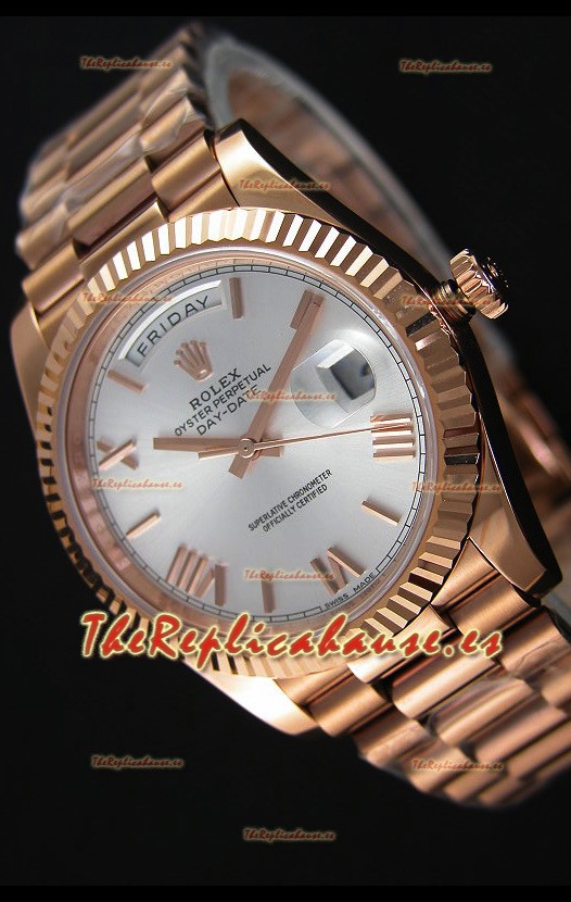 Rolex Day Date Reloj Réplica Japonés - Caja en Oro Rosado Dial en Acero 40MM