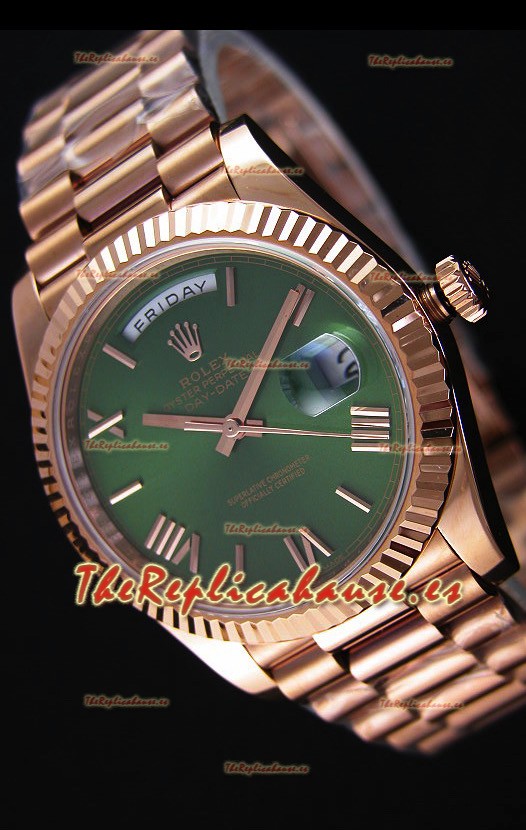 Rolex Day Date Reloj Réplica Japonés - Caja en Oro rosado Dial Verde 40MM