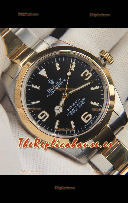 Rolex Explorer I Movimiento Japonés Reloj Réplica en Dos Tonos Dial Negro 39MM