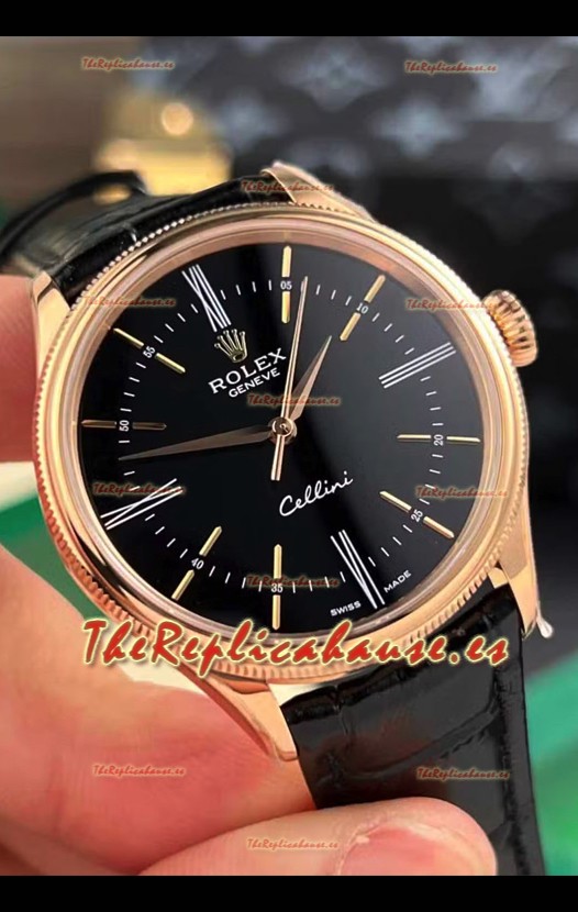 Rolex Cellini Date Ref#50505 Replica Espejo 1:1 Dial Negro Oro Rosado Reloj Acero